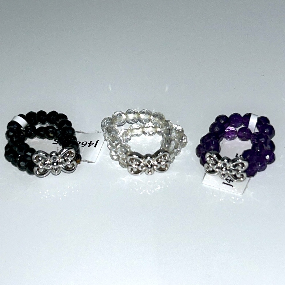 NWT Genuine Gemstone Set of 3 Beaded Rings With Sterling Silver Scroll Design